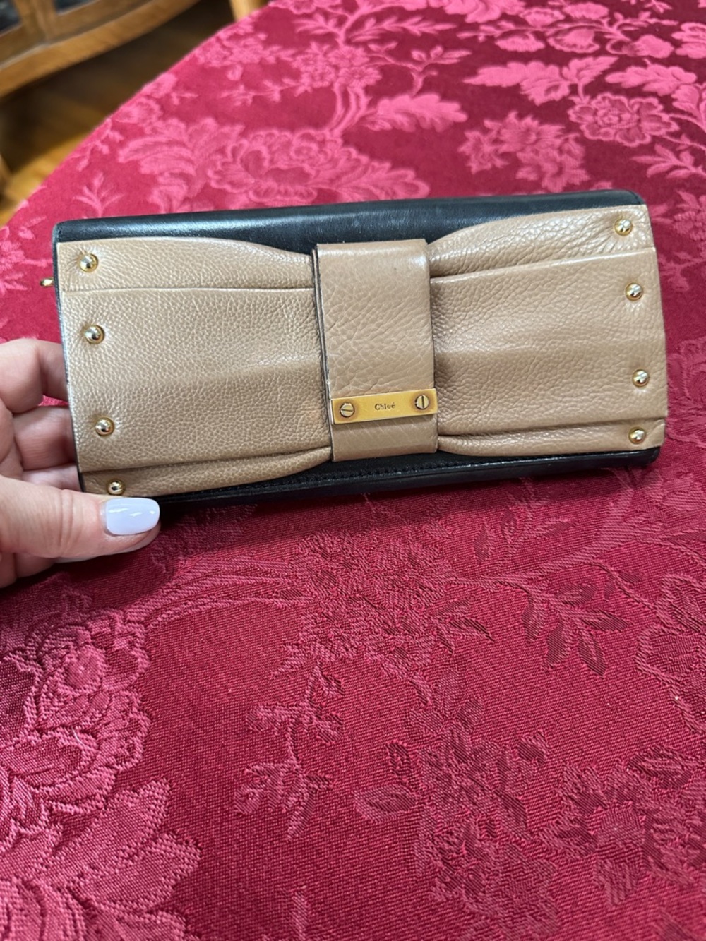 Chloe Tan & Black Leather Bow Long Snap Wallet
